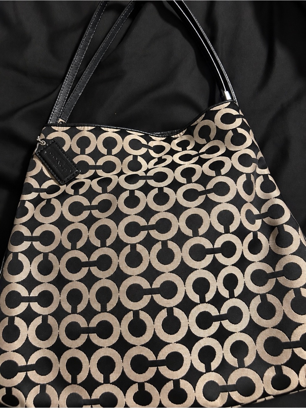 Coach Black and Tan Signature Circle-Print Shoulder Bag